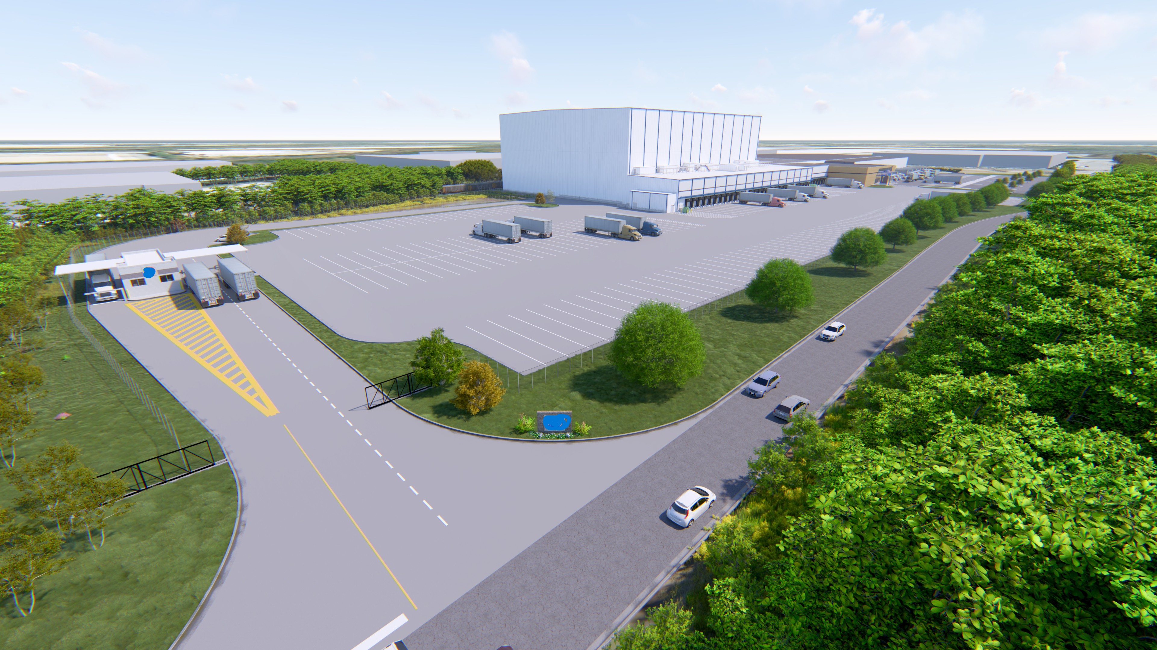 BIM rendering of a tall ASRS cold-storage facility and truck court