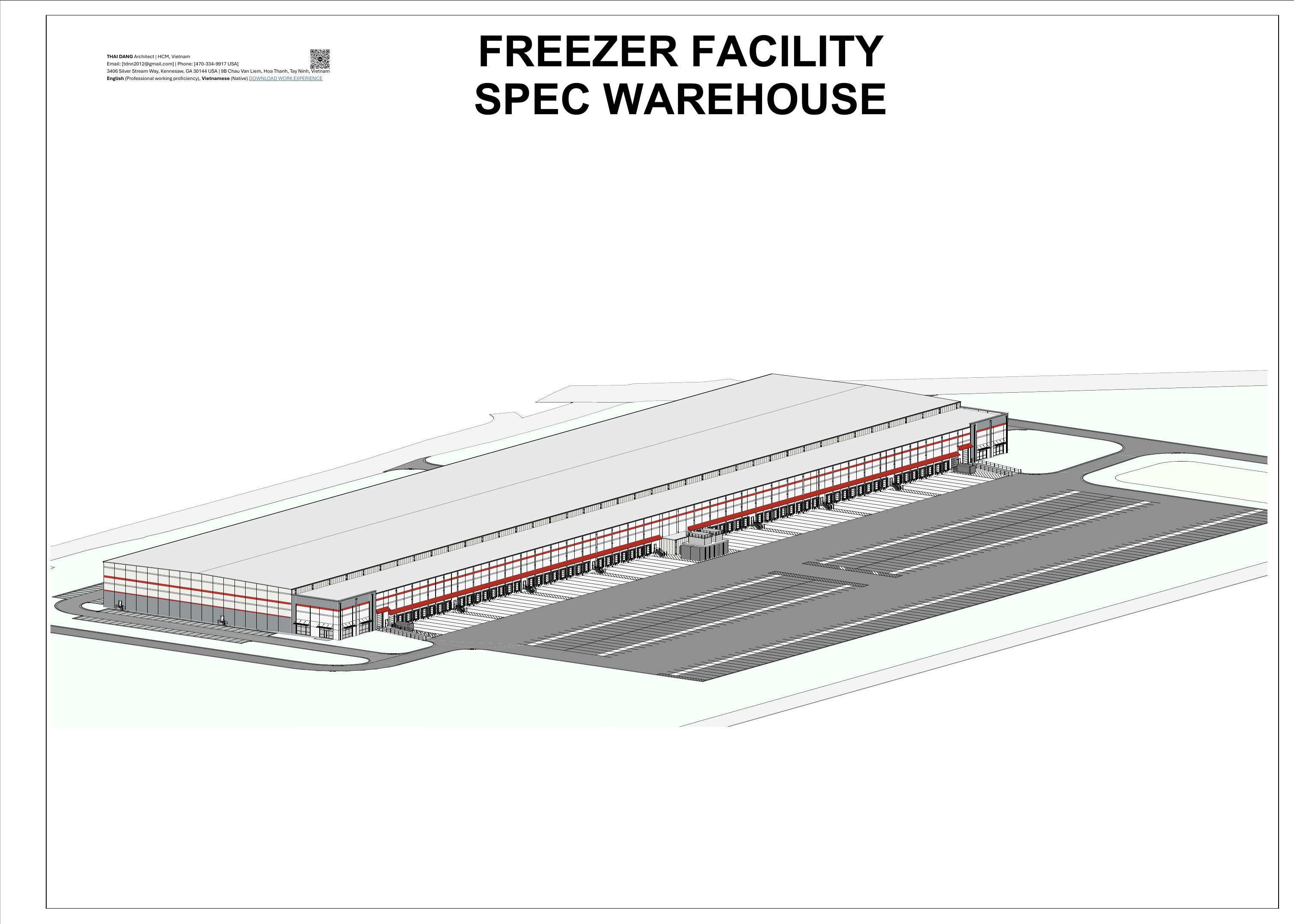 Architectural drawing sheet with freezer facility conceptual model