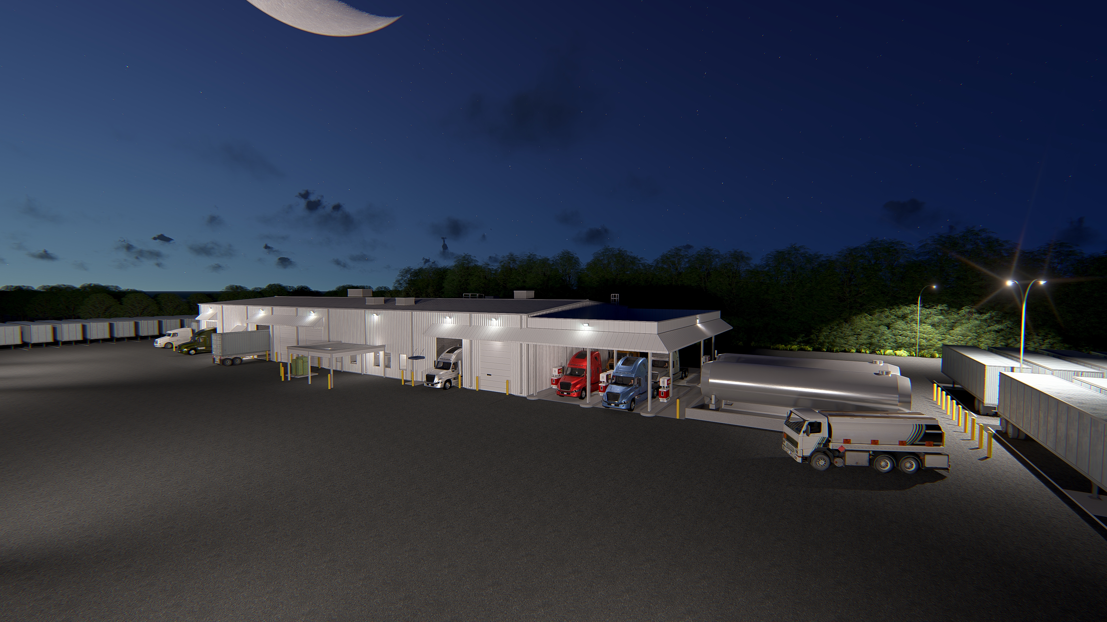 Truck service facility nighttime rendering