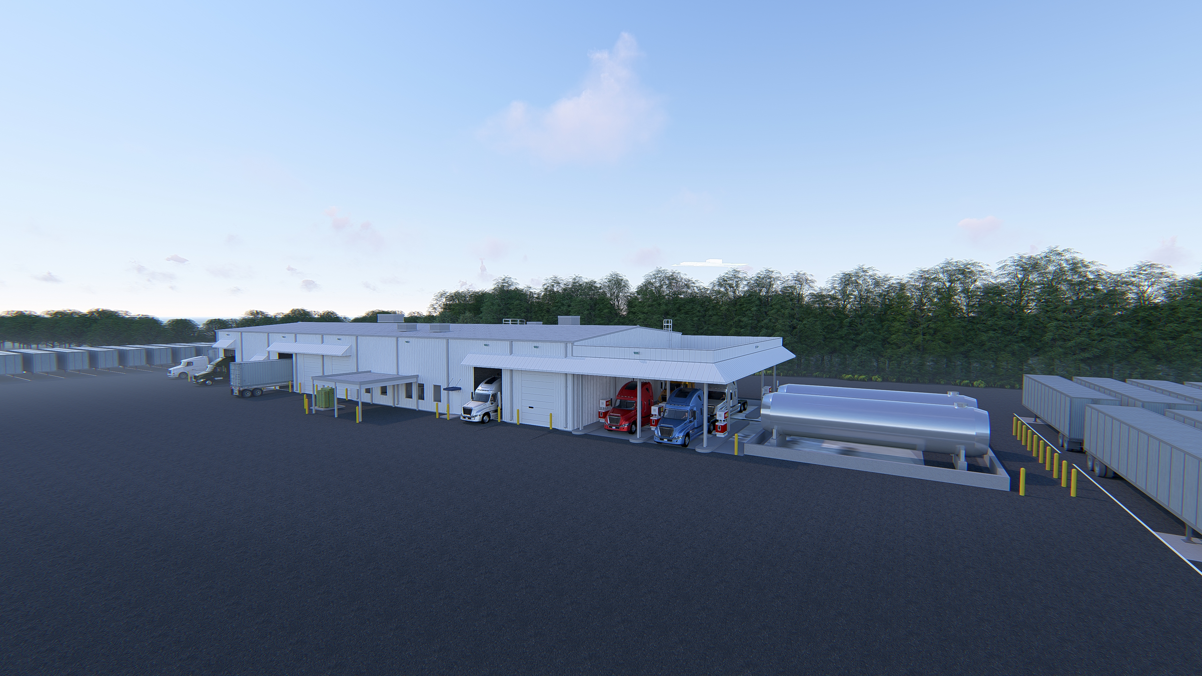 Daytime rendering of an industrial truck-service and support facility